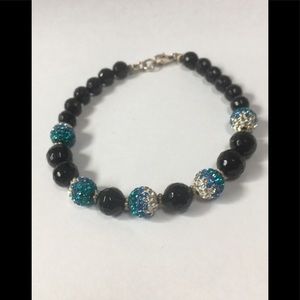 Black Spinal, Teal & Clear Crystal Beaded Bracelet